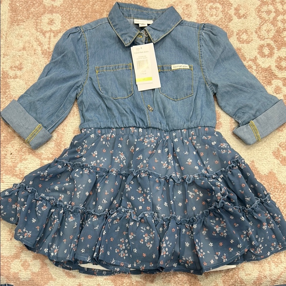 NWT Calvin Klein Blue Denim and Floral Dress